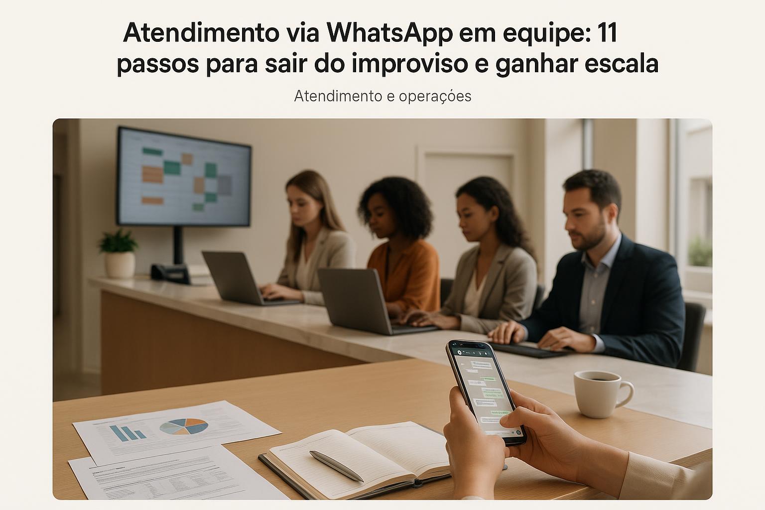 Equipe de atendimento comercial usando computadores e smartphones para responder clientes pelo WhatsApp
