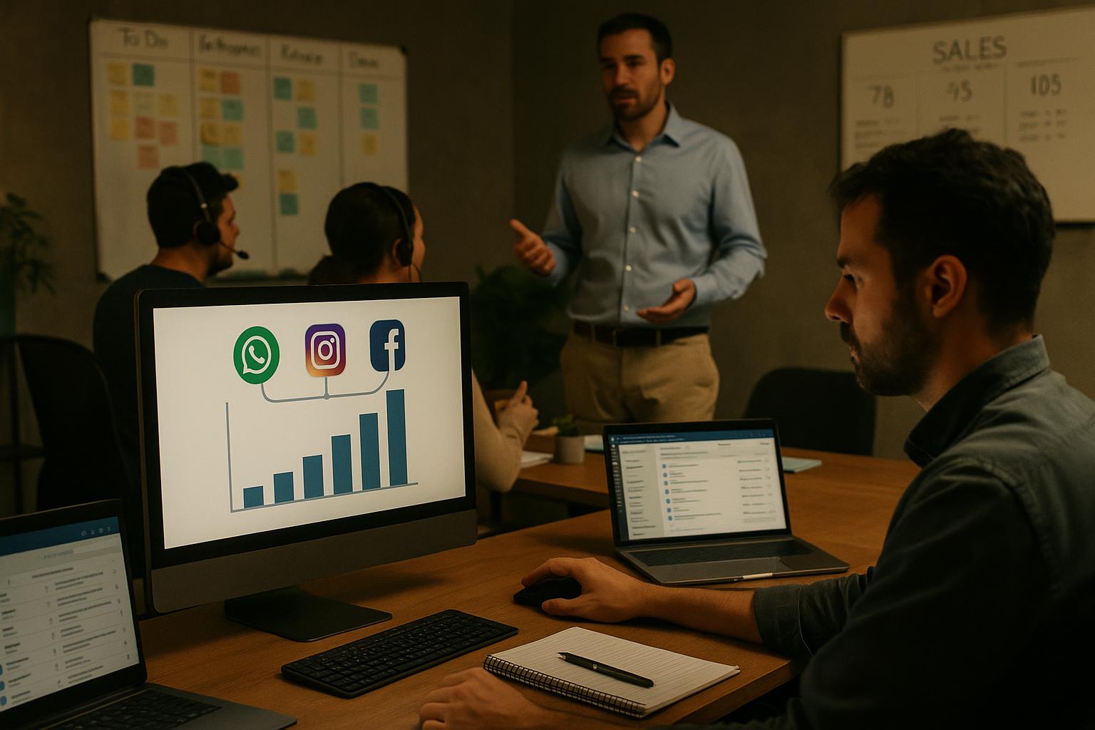 Gestor analisando gráficos de custos de mensagens no computador com ícones do WhatsApp, Instagram e Facebook conectados a uma mesma tela