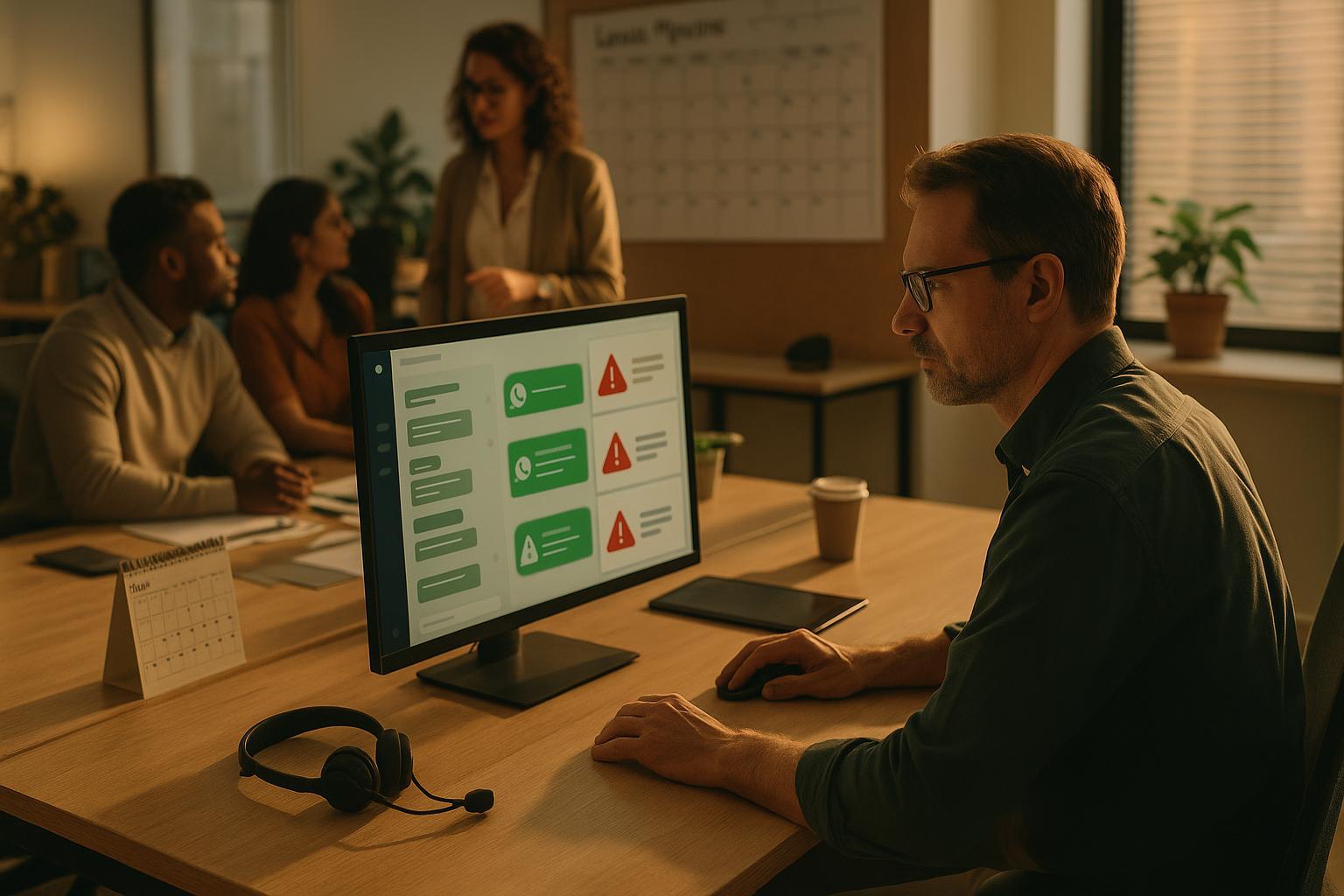 Gestor observando painel de atendimento com alertas de risco de banimento no WhatsApp