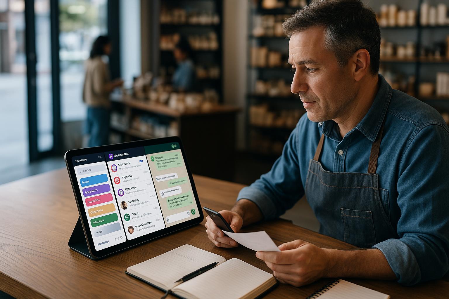 Equipe comercial acompanhando em tela única atendimentos de WhatsApp, Instagram e Facebook com funil de vendas integrado