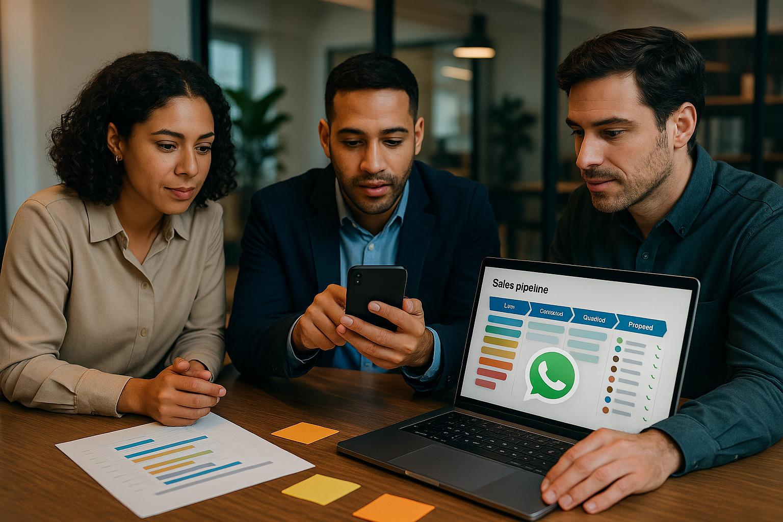 Equipe comercial usando CRM integrado com WhatsApp para acelerar vendas
