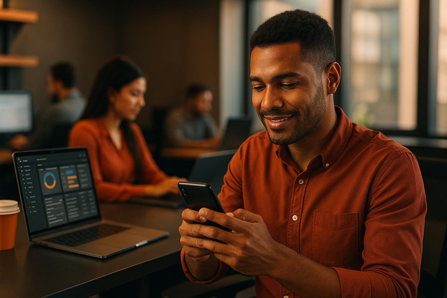 Pessoa usando smartphone para atendimento via WhatsApp