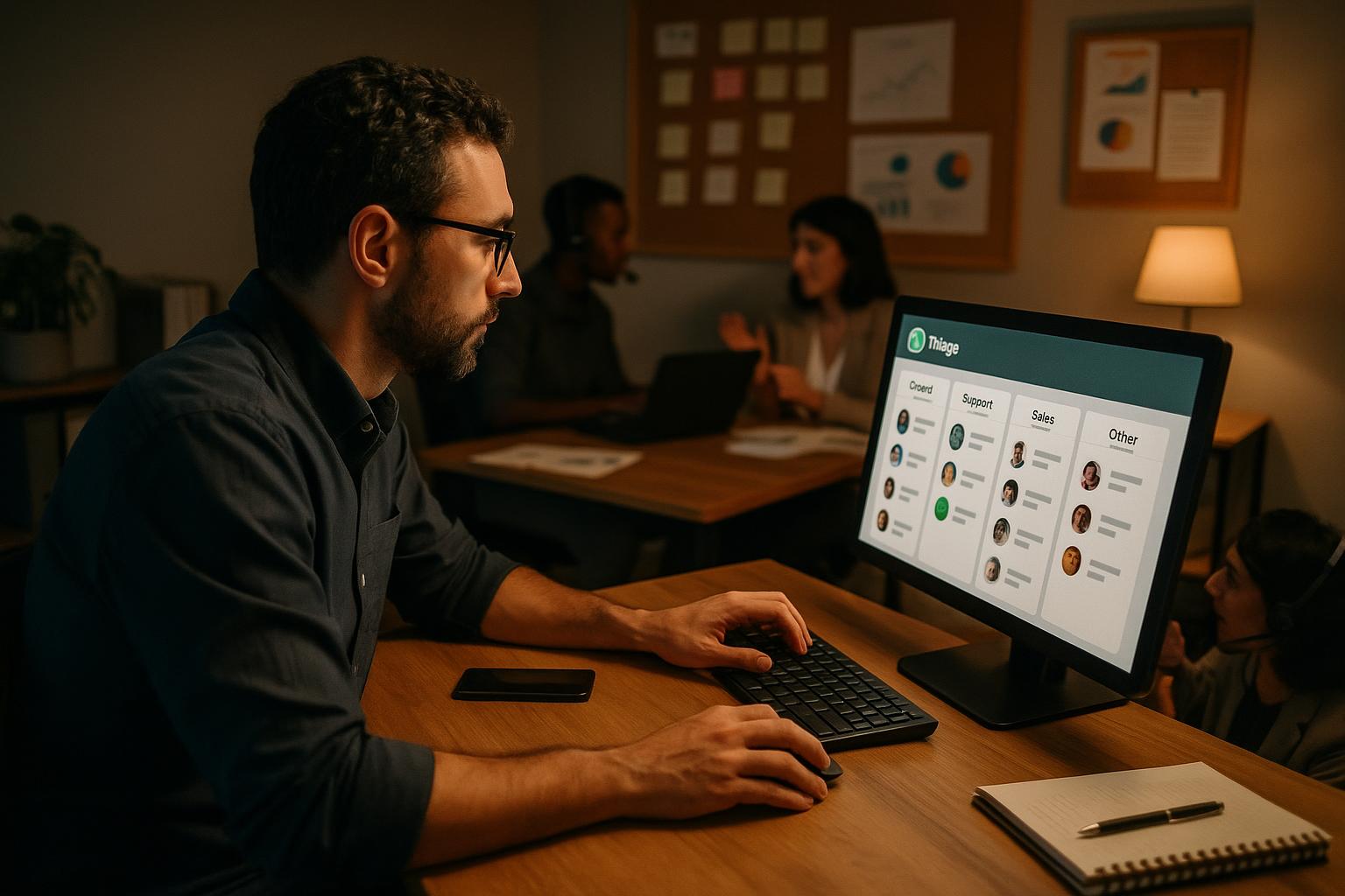 Gestor acompanhando no computador a distribuição automática de filas e triagem de conversas no WhatsApp em uma operação com vários atendentes