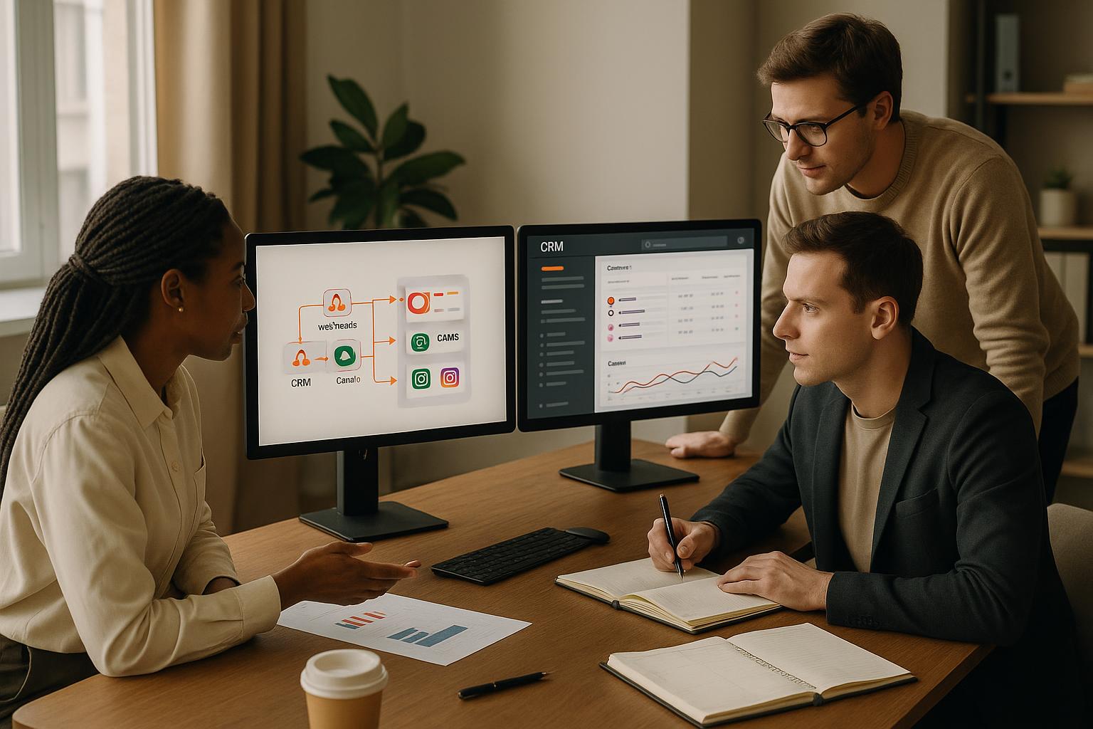 Fluxo de automação comercial integrando webhooks, CRM e canais como WhatsApp e Instagram em um painel único