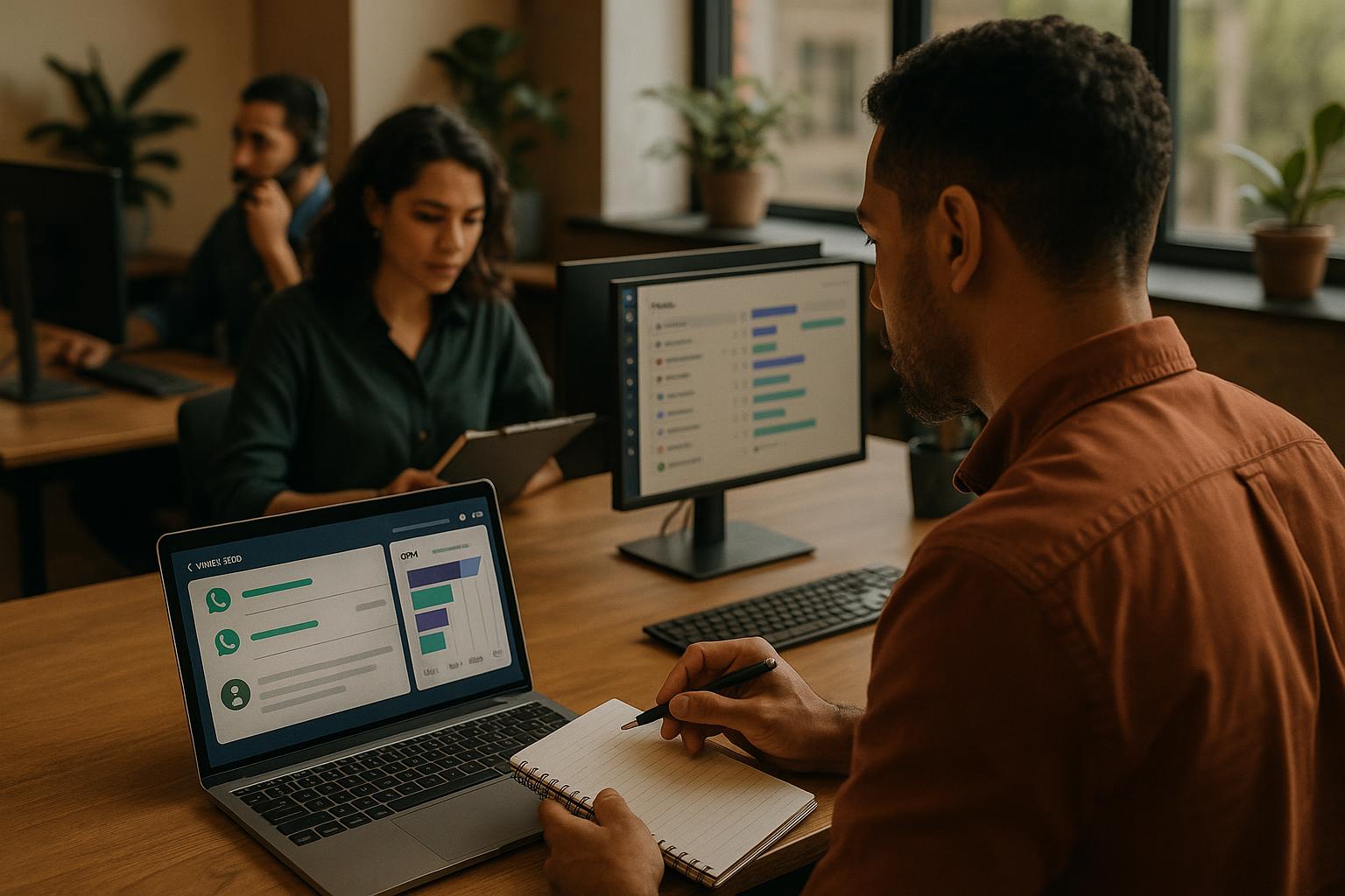 Ilustração de equipe resolvendo erros técnicos no WhatsApp Business API usando OmniChannel