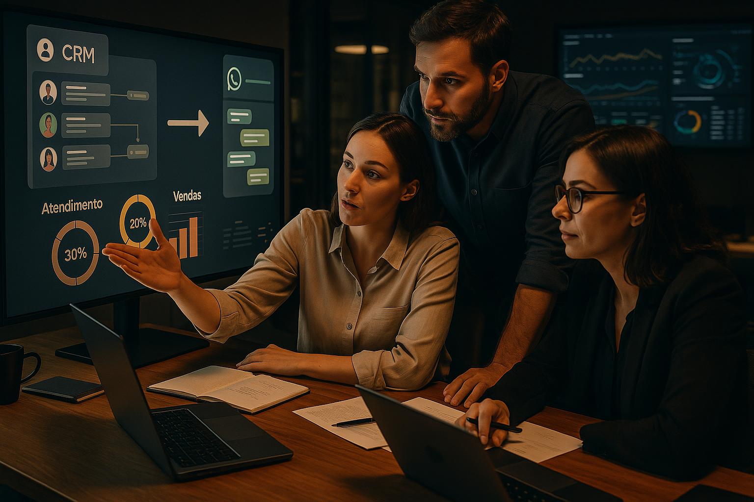 Painel digital mostrando integração entre CRM e WhatsApp para decisões comerciais