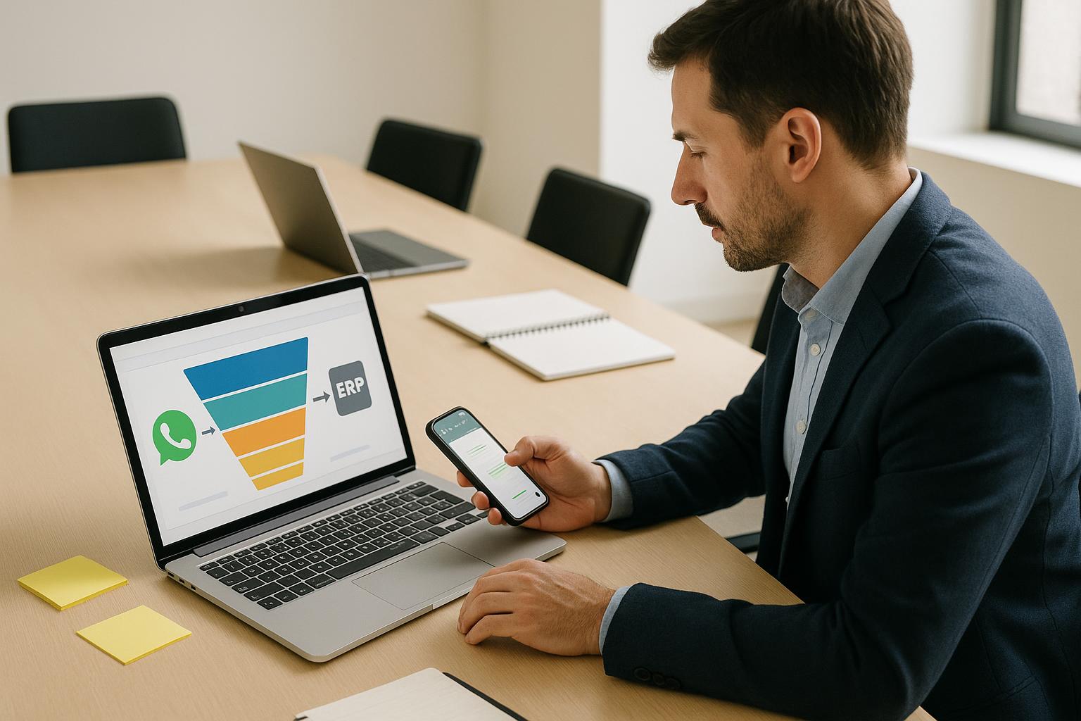 Gestor comercial acompanhando no computador um funil de vendas integrado entre WhatsApp e ERP