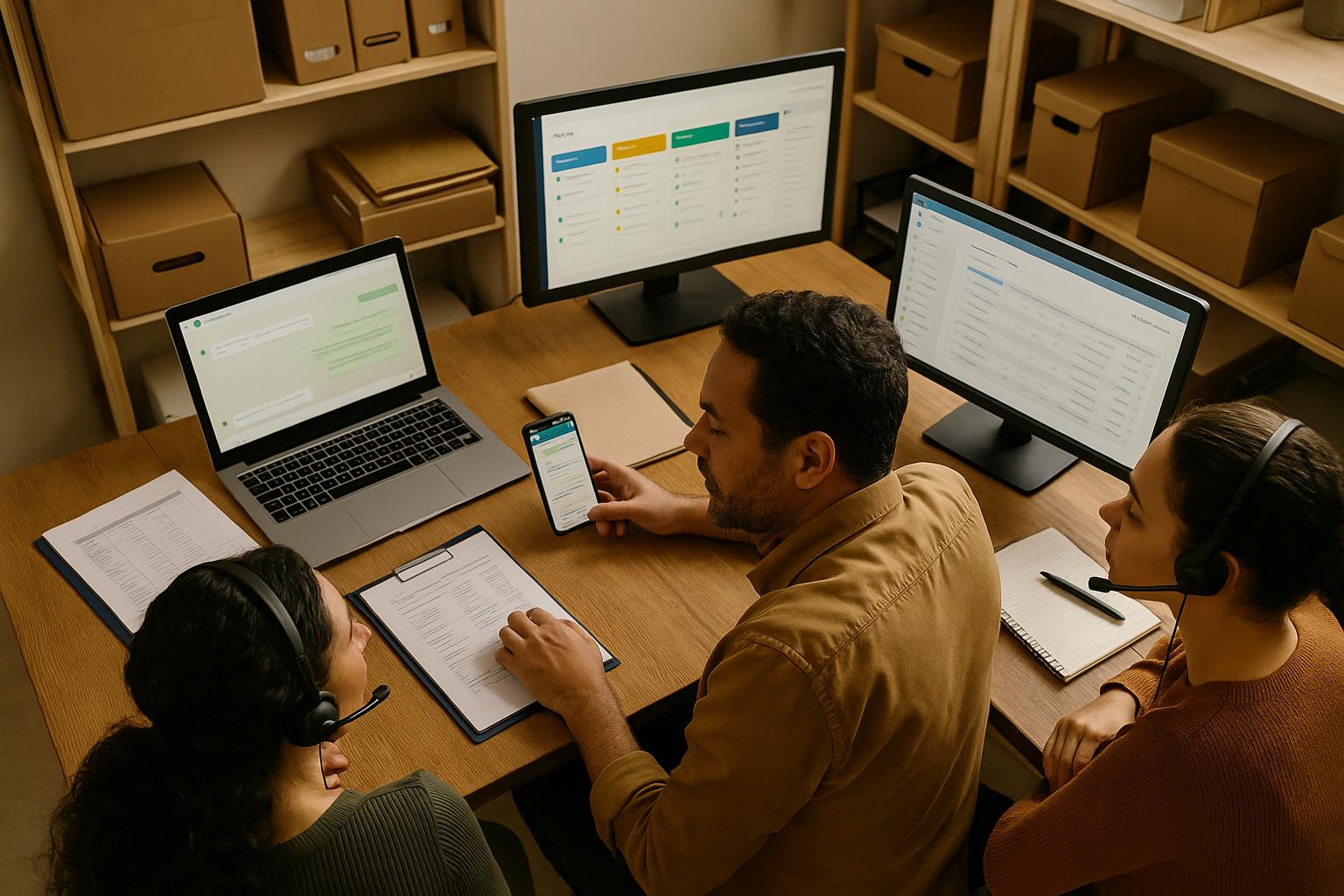 Equipe de atendimento analisando conversas de clientes em múltiplos canais em uma única tela