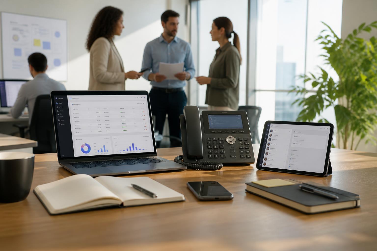 Equipe usando telefonia VoIP integrada ao atendimento e ao histórico do cliente