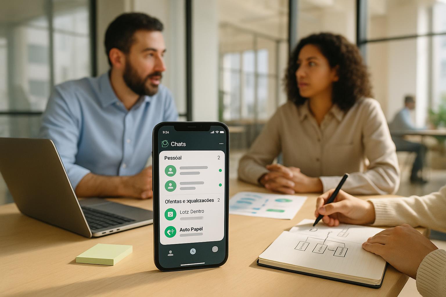 Tela de celular com conversas de WhatsApp organizadas em pastas separando mensagens pessoais e comerciais