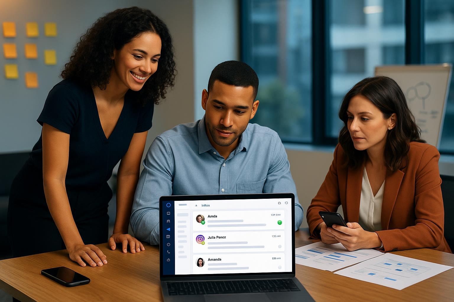 Tela da plataforma OmniChannel com mensagens unificadas de WhatsApp e Instagram